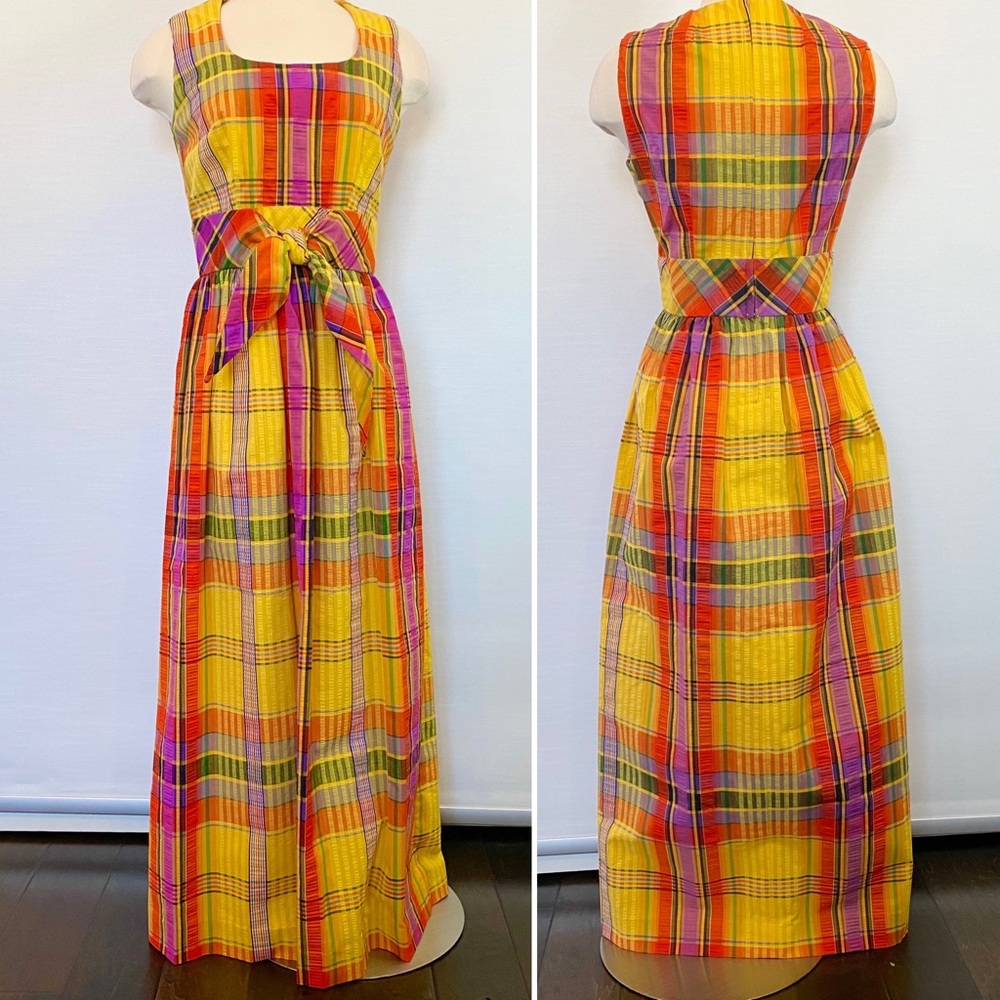 Vintage SWIRL Concept 70s Yellow Orange Madras Plaid Maxi Gown Long Column Dress - Picture 4 of 12